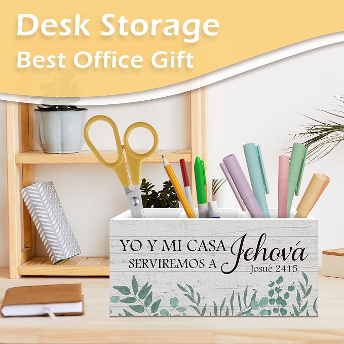 Christian Pen Pencil Holder, Christian Desk Accessories, Religious Gifts for Women Men, Josue 24:15 Bible Verse Wooden Pen Pencil Organizer for Home Office Desk Decor