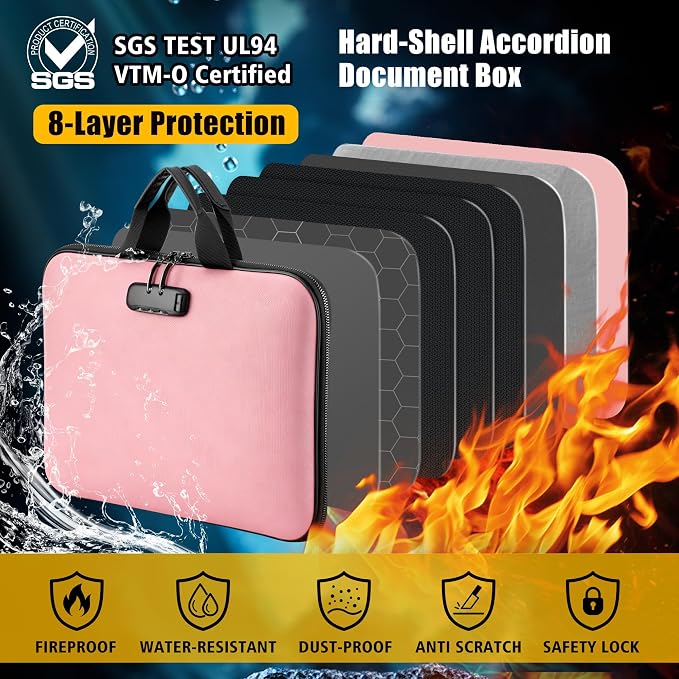 Fireproof Document Box with Combination Lock, Hard-Shell Fireproof File Organizer for Legal Documents, Laptop, Valuables & Important Papers, 13-Pocket Accordion File Folder