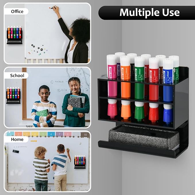 Dry Erase Marker Holder, 2 PCS Wall Mounted Acrylic Marker Holder with 10 Slots, Sticky Pen Storage for Classroom Organization, Office, Whiteboard, Desk Locker Accessories, Black