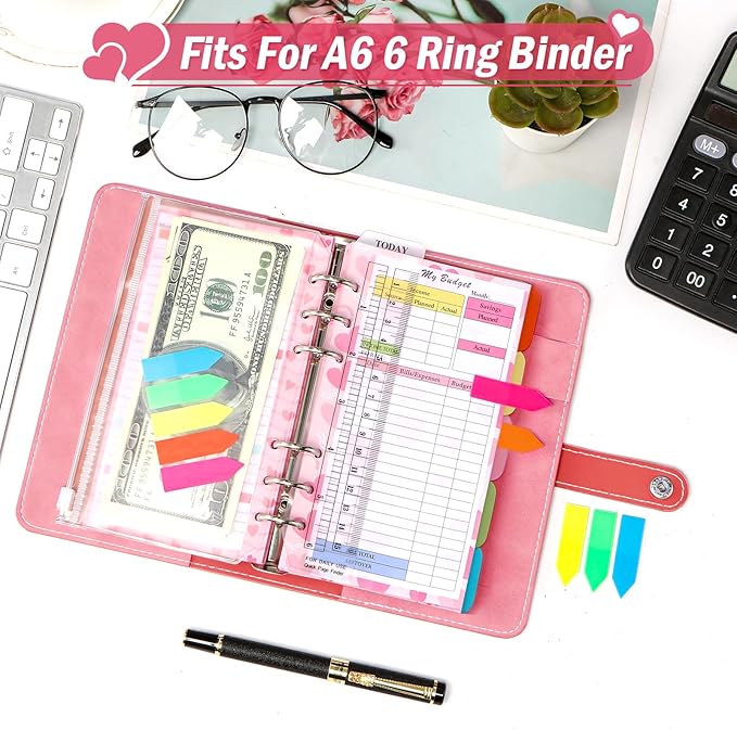 Toplive 7 Pack A6 Planner Inserts Monthly Weekly Planner Refills Expense Budget Sheets with Money Cash Envelopes Divider Today Ruler Stickers for A6 Binder Cover Organizer, Pink