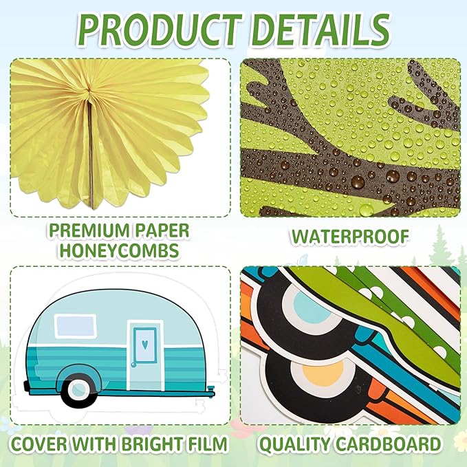 Summer Camping Bulletin Board Decorations Set with 3D Tissue Paper Flower Paper Fan Camping Theme Classroom Bulletin Board Border Set Vintage Trailer Cutouts for Woodland School Chalkboard Supplies