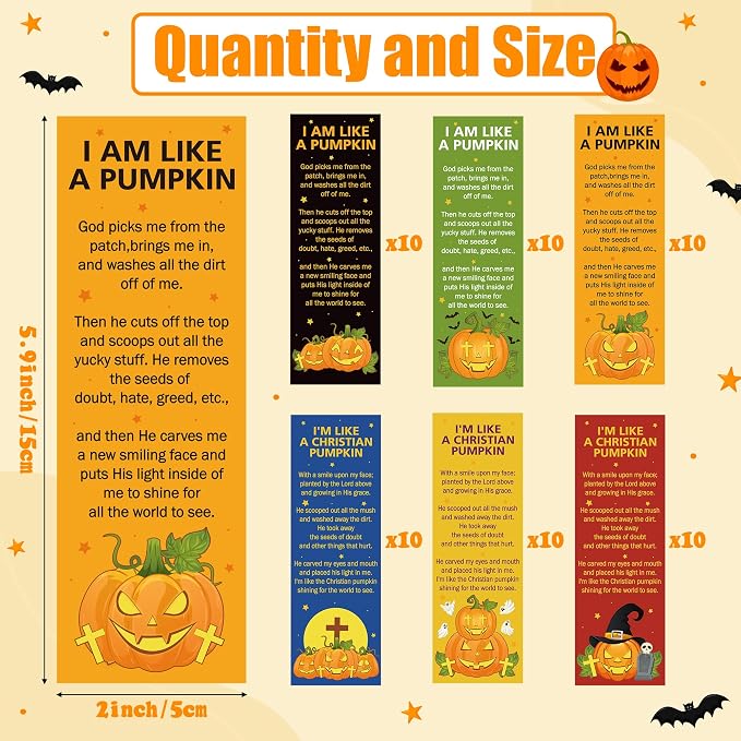 TICIAGA Halloween Pumpkin Bible Bookmarks - 60PCS Pumpkin Prayer Bookmarks for Kids Religious Christian Church Bible Verses Bookmark Giveaways for Sunday School Halloween Party Favors for Classmates