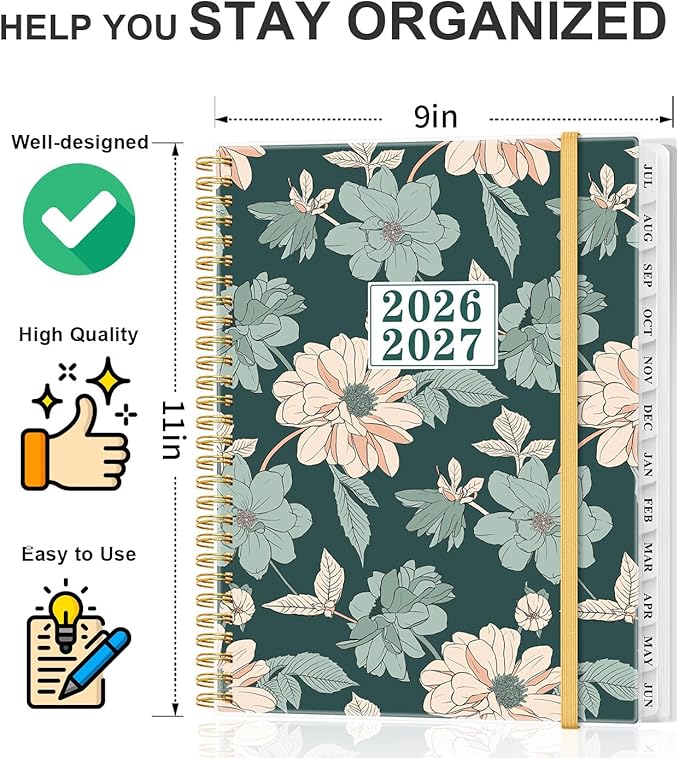 Planner 2026-2027 - Academic Planner from July 2026 to June 2027, Weekly & Monthly Planners Spiral Bound with 12-Month Tabs, Inner Pocket, 8.5" x 11", Green Flower