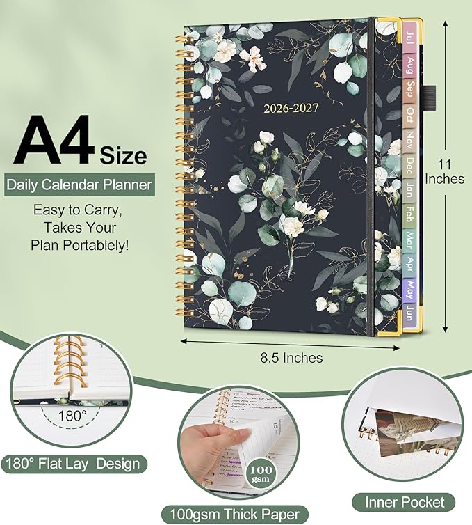 Academic Planner 2026-2027, Hardcover Weekly and Monthly Calendar Planner from July 2026 - June 2027, Daily Agenda Planners with Tabs, College School Organizer for Student Teacher, A4 (8.5" x 11"), Green Eucalyptus