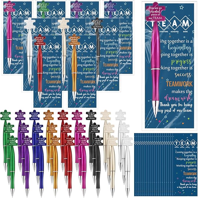 Sinload 100 Sets Team Appreciation Gifts Bulk Inspirational Puzzle Ballpoint Pens Motivational Cards Bookmark for Team Staff Office Coworker Employee Nurse Teacher Week Gifts