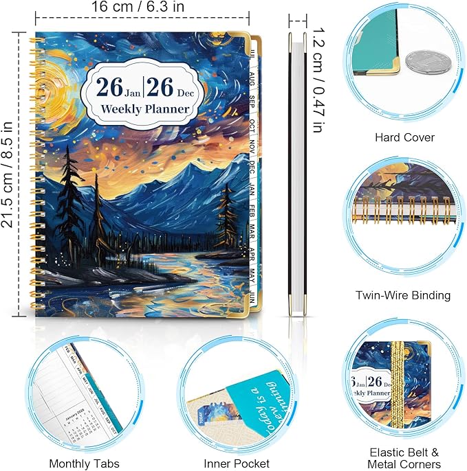 2026 Planner from Jan.2026 - Dec.2026, 6.3" X 8.5" Weekly Monthly Planner, Daily Planners Spiral Bound, Hardcover Agenda 2026 Planners for School Office
