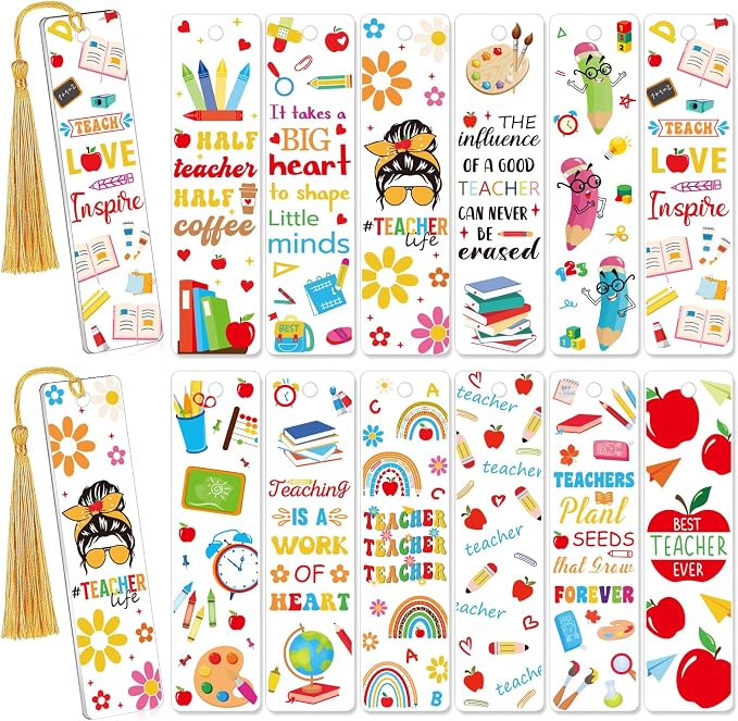 AFRITEE UV DTF Wraps Stickers - 24 Pcs Boho Thank You Teacher Theme Acrylic Bookmark Sticker, Pencil Apple Floral Cold Transfer Stickers for Bookmarks Uvdtf Decals Wrap Creative Gifts for Teachers