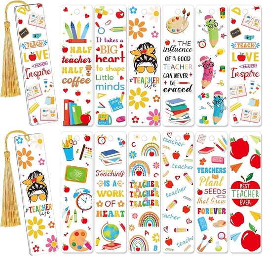 AFRITEE UV DTF Wraps Stickers - 24 Pcs Boho Thank You Teacher Theme Acrylic Bookmark Sticker, Pencil Apple Floral Cold Transfer Stickers for Bookmarks Uvdtf Decals Wrap Creative Gifts for Teachers