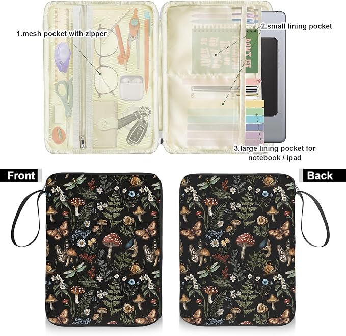 Butterfly Mushroom Book Sleeve Kindle Pouch, Boho Book Protector Case with Zipper, PU Leather Waterproof Book Cover Bag, Portable Book Pouch for Book Lovers Gifts Paperbacks Bibles Hardcover