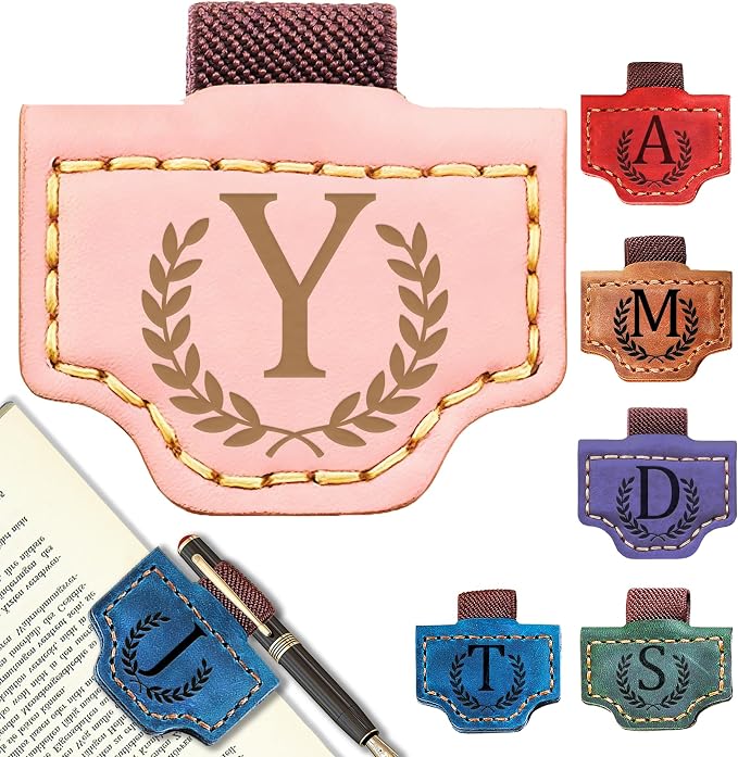 Personalized Leather Magnetic Bookmark with Pen Holder, Bookmark 26 Letters Name Initial Bookmarks for Readers, Book Lover Gifts for Women Men Notebook Accessories (Pink, Y)