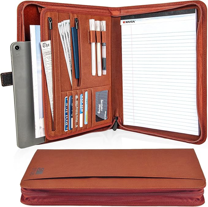 Premium Vegan Leather Padfolio with Zipper – 8.5" x 11" Portfolio Organizer for Legal Pads & Spiral Notebooks – Professional Business Folder for Men and Women (Brown)