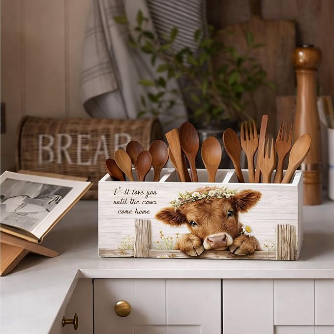 Highland Cow Desk Organizer Wooden Pen Pencil Holder for Desk, 3 Compartments Farmhouse Office Desk Accessories, Cow Lover Gift Farm Animal Desk Decor for Home Office Table Storage