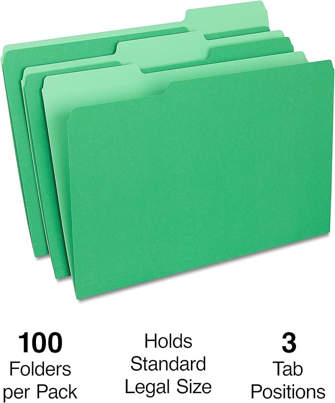 Staples File Folders, Legal Size, 1/3‑Cut Tabs, Green, Durable Paper Stock, 200/Carton