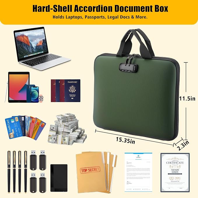 Fireproof Document Box with Combination Lock, Hard-Shell Fireproof File Organizer for Legal Documents, Laptop, Valuables & Important Papers, 13-Pocket Accordion File Folder