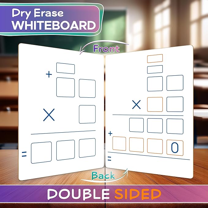 2 Pack Dry Erase Long Multiplication Board 9"x12" Double Sided Practice Whiteboard with 2x1 & 2x2 Digit Multiplication for Home, School, Classroom, Kids, Students Math Manipulatives Lapboard