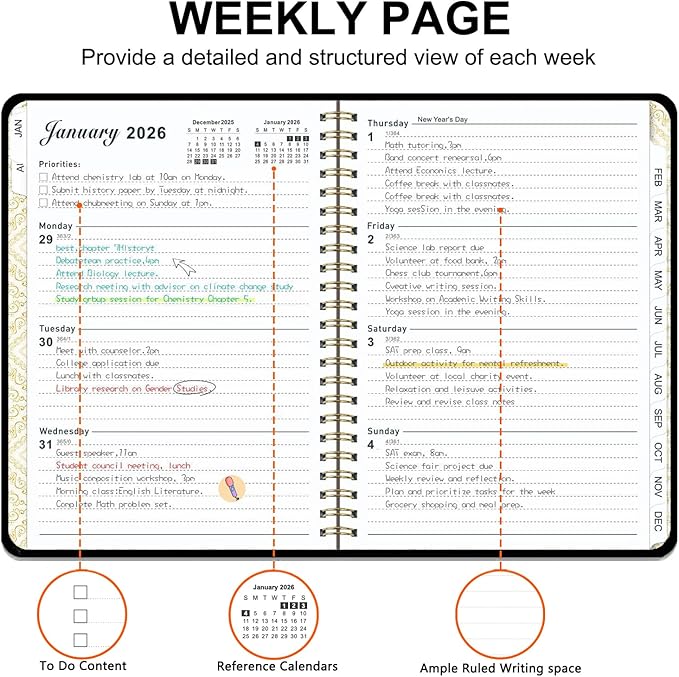 2026 Planner, Weekly and Monthly Academic Year 2026 Calendar(January 2026- December 2026), Agenda Book for School Stuedent, Teacher, Home, Office (Black(JAN2026-DEC2026))
