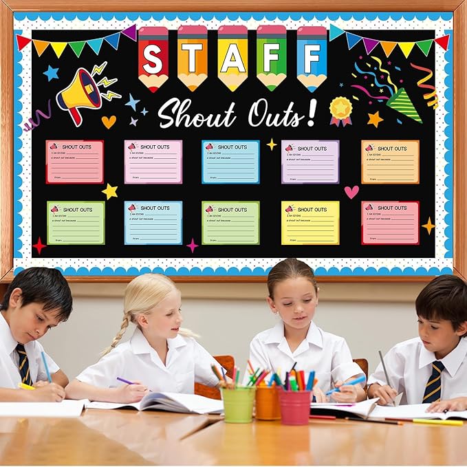Staff Shout Out Bulletin Board Decoration Fun Shout Cutouts Appreciation Recognition Colorful Pencils Wall Decals Theme Party Supplies for Back to School Classroom Chalkboard Window Decoration Favor
