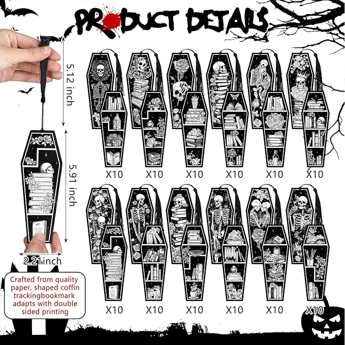 Kolldenn 120 Pcs 12 Styles Halloween Gothic Skeleton Coffin Bookmarks Double Sided Book Tracker Skull Horror Bookmark Gothic Book Marker with Black Tassels for Reading Lovers Gifts Accessories