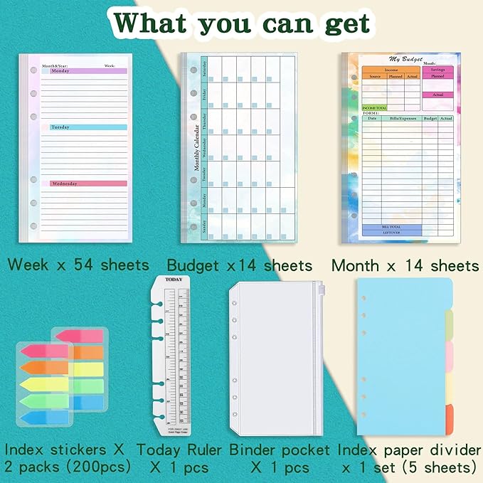 Monthly Weekly Planner Refills Budget Paper Kit for A6 Binder Cover, 6 Ring Planner Accessory for Budget Planner Binder Cover, Money Binder Organizer for Cash (Colorful)