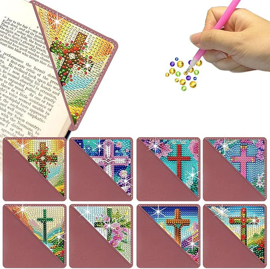 Diamond Art Painting Bookmarks,8Pcs DIY Cute Diamond Art Kits for Adults, Corner Bookmarks Small Crafts Kit Gifts for Women Book Lovers (Cross)