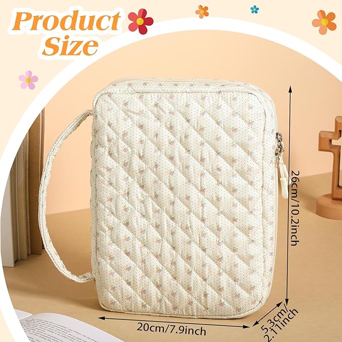 Aliceset Large Bible Cover Case for Women, Beige Floral Quilted Cotton Bible Carrying Case Organizer Bag with Handle and Zipper, for Christian Easter Gifts, Study Supplies Accessories