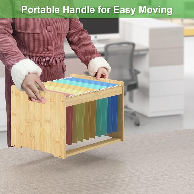 Hanging File Organizer Box for Letter Size, Bamboo File Folder Organizer, Storage Moving Boxes with Handle Wood Desk Filing Box for Office Banker Document