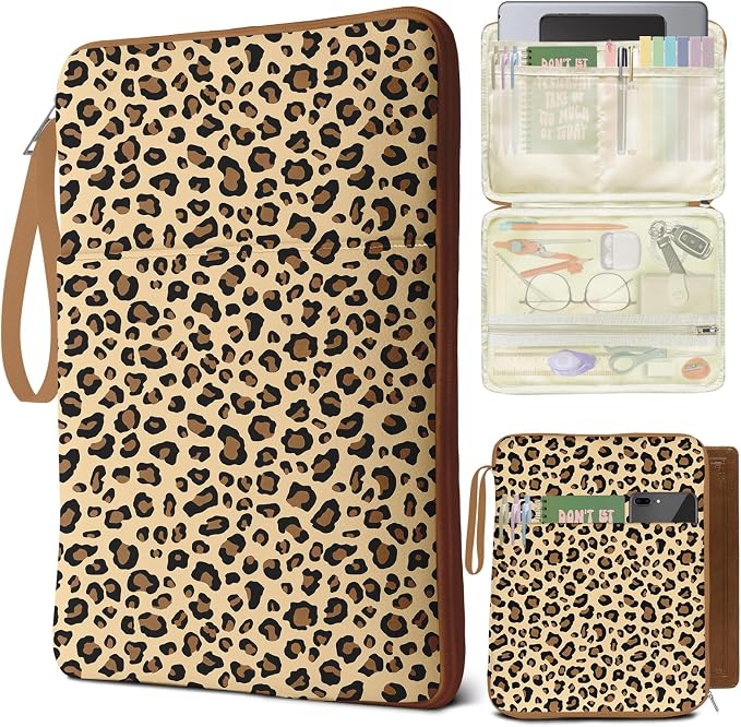 Leopard Book Sleeves with Zipper, Travel Book Protector Pouch for Paperbacks & Hardcover & Bible Books, Book Covers Bags with Pockets & Handle Strap, Book Carry Case for Book Lovers Mother's Day Gifts