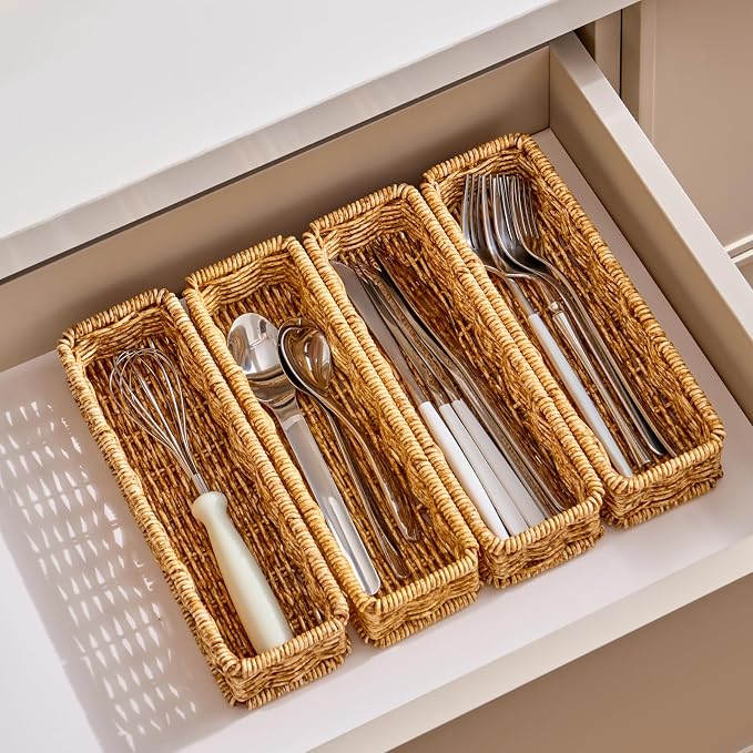 Berdeng Kitchen Drawer Organizer for Utensils, Silverware Tray Cutlery Organizer, PE Rattan Handwoven Storage Basket with Iron Frame, 2-Inch Fit for Shallow Drawers, 9.5" x 3" x 2" (Set of 4)