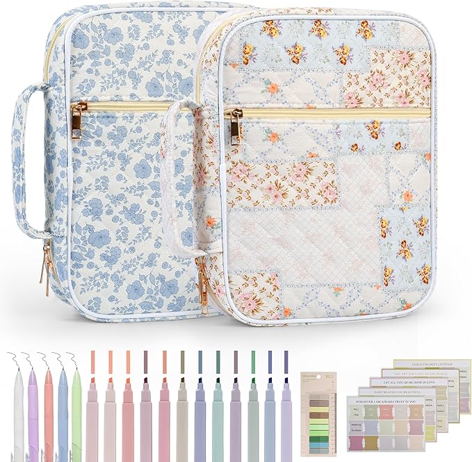 2-Pack Bible Cover Case for Women with Study Supplies Kit, Large Quilted Bible Bags & Organizer with Handle, Perfect Christian Gifts