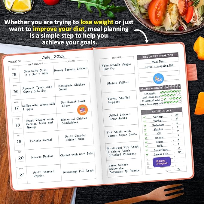 JUBTIC Weekly Meal Planner Notebook, Daily Meal Prep Journal with Shopping and Grocery Lists for Food Planning Menu Planning Healthy Diet or Weight Loss Tracking, Last 1 Year,Undated, A5, Pink
