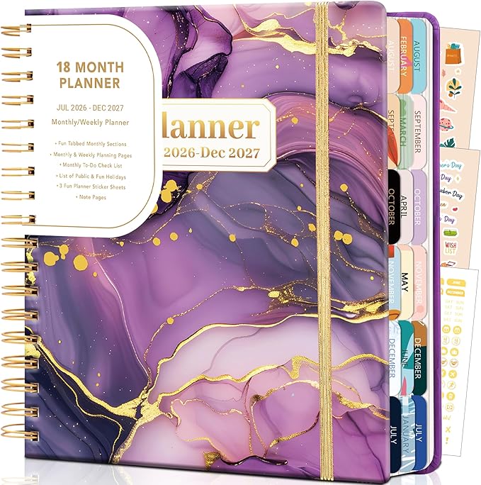 CAGIE Planner 2026-2027 18 Month July 2026-Dec 2027 Weekly and Monthly Calendar Planners Yearly Daily Hardcover 26-27 Planner for Women with Stickers Tabs Spiral Bound Agenda, Purple Marble, 8.3"x9.1