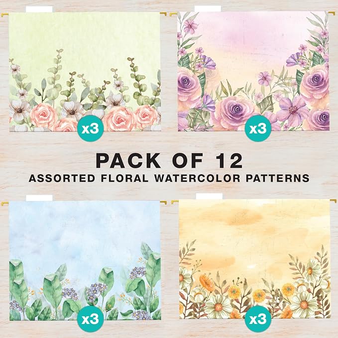 Global Printed Products Deluxe Designer Printed Hanging File Folders, 4 Patterns, Letter Size, 12/pk (Watercolor Floral)