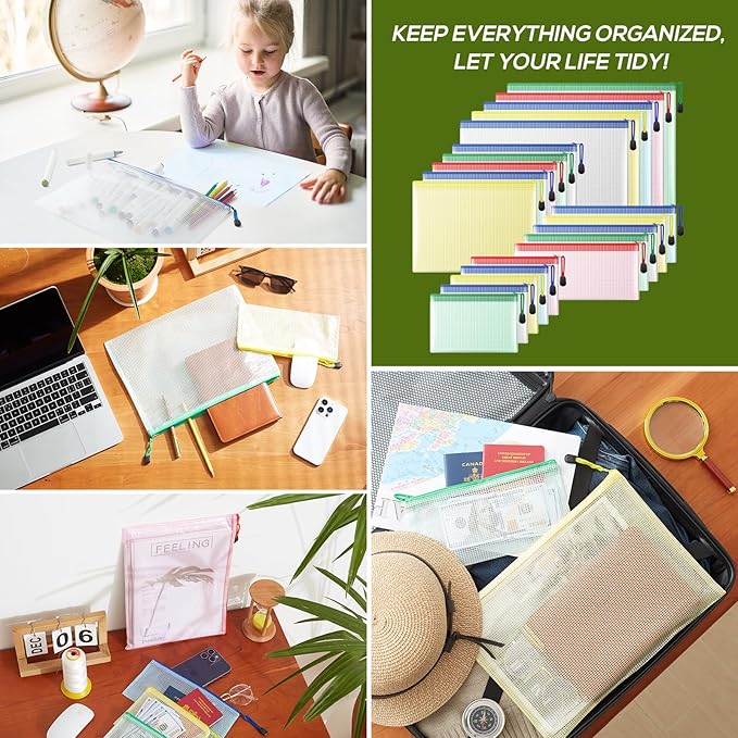 Mesh Zipper Pouch, 20PCS Waterproof Zipper Bags 4 Sizes 5 Colors Document Folders for School Supplies, Office Appliances, Home Organize and Travel Storage