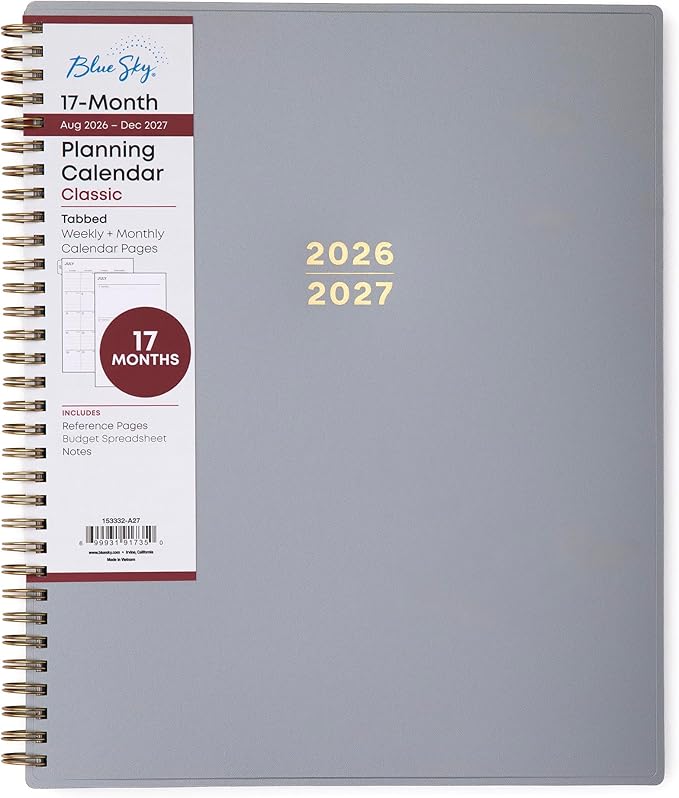 Blue Sky 17 Month 2026-2027 Weekly and Monthly Academic Year Planner Calendar, August 2026 - December 2027, 8.5" x 11", Flexible Cover, Wirebound, Laminated Tabs, Silver Metallic