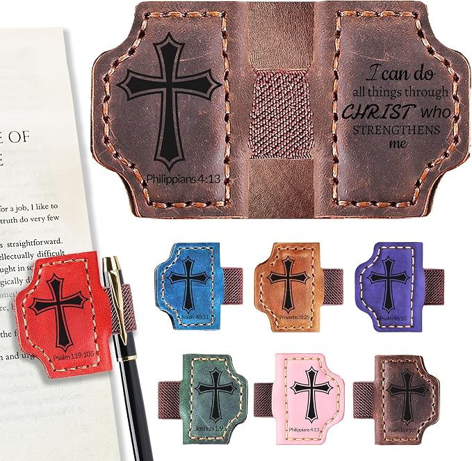 Personalized Magnetic Bookmark with Pen Holder, Bible Verse Scripture Design, Custom Leather Bookmark Bible Study Supplies for Women Men, Christian, Book Lovers Gifts (Coffee, Philippians 4:13)