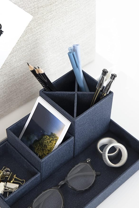 Bigso Box of Sweden Desk Storage Organiser for Stationery - Pen Holder with 4 Compartments for Various Office Items - Fibreboard and Paper Stationery Storage - Blue
