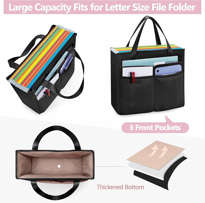 File Folder Tote Bag with Handle, Portable Document Organizer Box for Letter Size File Folder, Folding File Case for Home Office, Black, Large