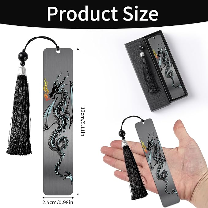 Dragon Metal Bookmark for Men Boys, Cool Book Page Marker with Tassel and Gift Box, Black Reading Clip for Office School, Birthday Christmas Inspirational Gifts