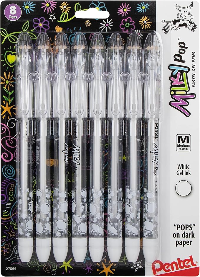 Pentel Milky Pop Pastel Gel Pen, (0.8mm) Medium, White Ink 8 Pack