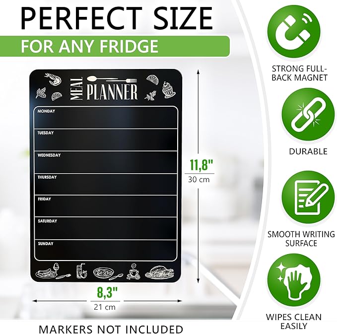 Weekly Dinner Menu Board for Kitchen A4-8.5x12 Black Magnetic Weekly Meal Planner for Fridge Dry Erase Weekly Menu Boards Magnetic Menu for Refrigerator Food Menu Boards Week Chalkboard Menu Board