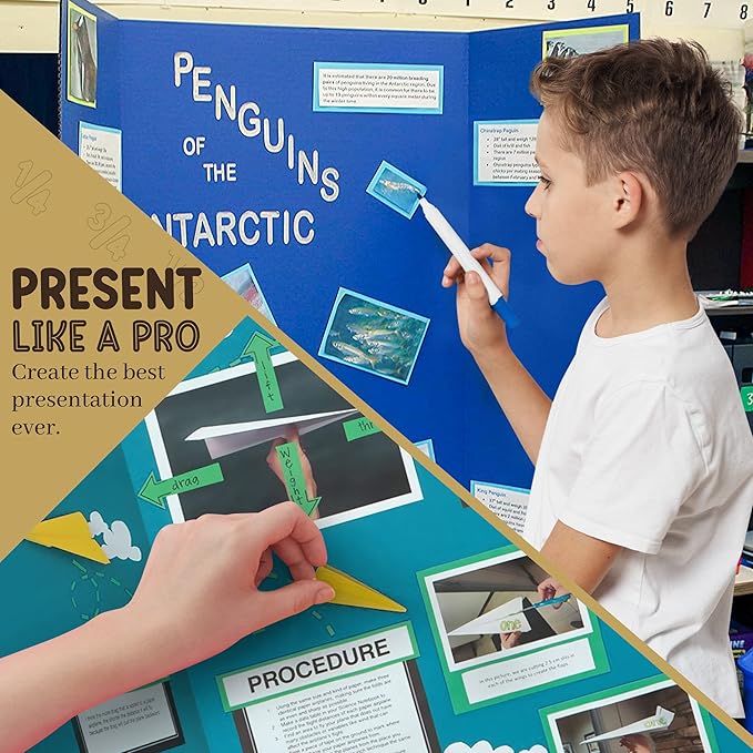 White Trifold Presentation Board 36" x 48" (Pack of 2) Self-Adhesive Science Subtitles Included - Display Exhibition Board Lightweight and Portable with Smooth Surface - By Emraw