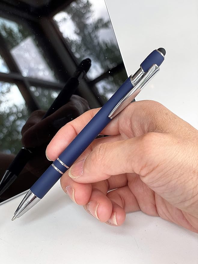 Pack of 5 Rubberized Comfort Soft Touch 2 in 1 Ballpoint Pen Capacitive Stylus Tip, Premium Metal Medium Point, Black Ink, Compatible with Most Touch Screens (Dark Navy Blue)