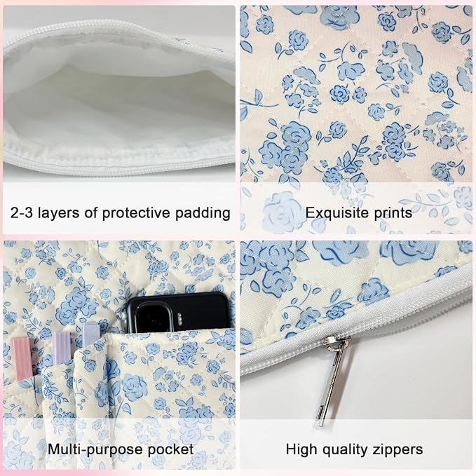 Blue Floral Quilted Bible Bag for Women, Bible Sleeve Cover with Zipper & Pen Pockets, Cute Bible Bag Book Sleeve, Washable Bible Case for Girls, Christian Gift 10x8 Inch