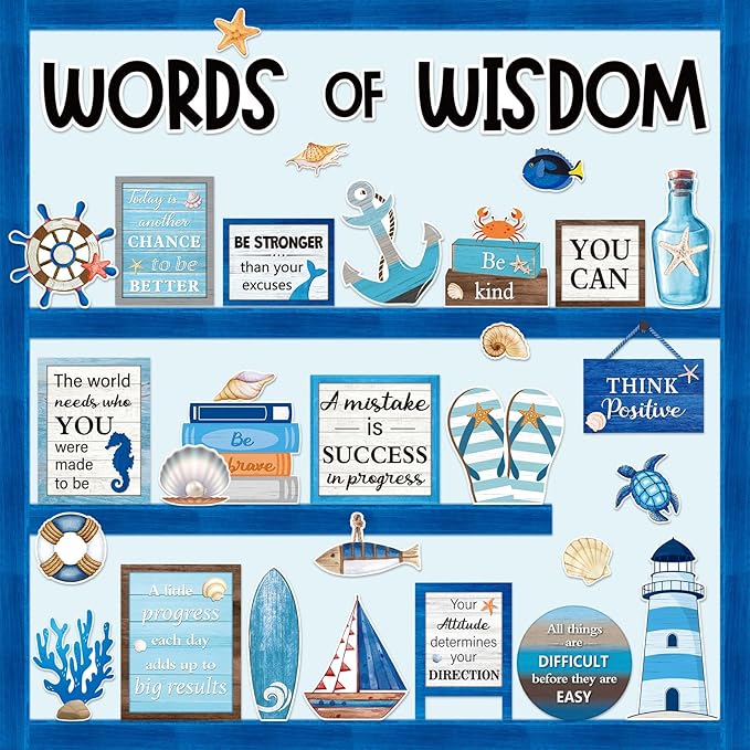 Mooliwe 57 Pcs Nautical Bulletin Board Set Inspirational Ocean Bulletin Board Decoration Positive Cutout Classroom Decoration for School Office Home Teacher Classroom Wall Supplies