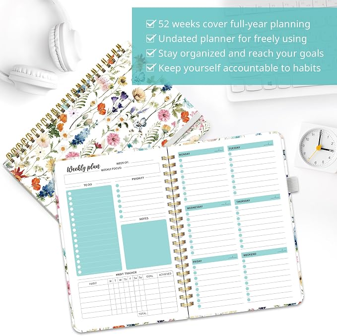 Taja Undated Weekly Planner, Weekly To Do List Notebook with Goal & Habit Tracker Organizer, A5 Weekly Planner Notebook with Spiral Binding, 6.1" x 8.2" - Floral