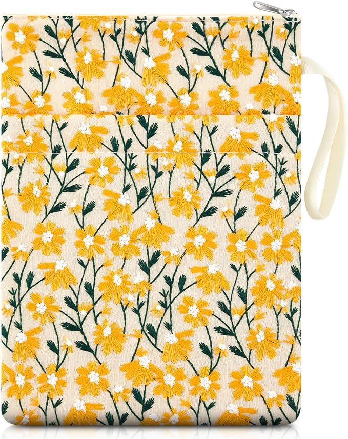 12''x9'' Daisy Embroidered Book Sleeve with Cotton Lining with Handle and Zipper Book Protector for Paperback and Hardcover, Christmas Ideal Gift Book Sleeve Pouch for Book Lovers(Yellow)