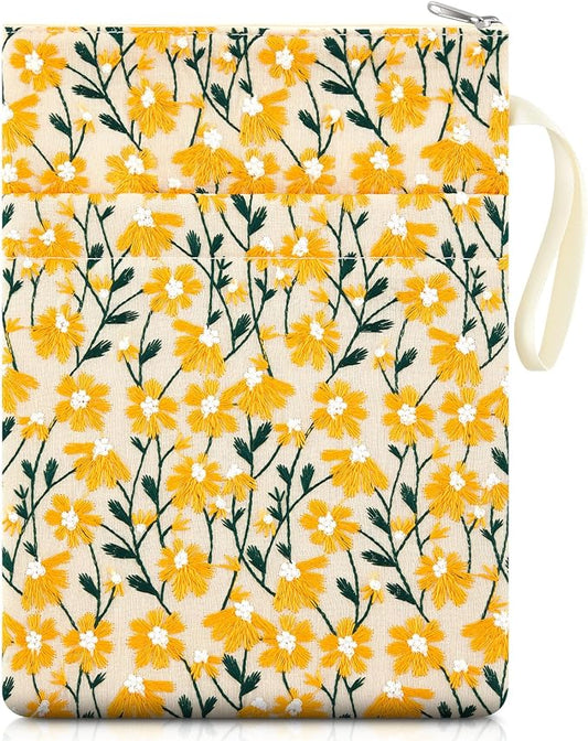 12''x9'' Daisy Embroidered Book Sleeve with Cotton Lining with Handle and Zipper Book Protector for Paperback and Hardcover, Christmas Ideal Gift Book Sleeve Pouch for Book Lovers(Yellow)