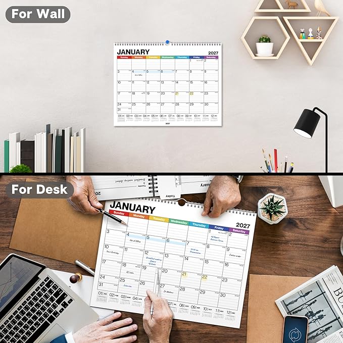 Dunwell 12x15 Wall Academic Calendar 2026-2027 (Colorful), Use July 2026 to December 2027, Large Lined 12 x 15 Monthly Hanging Calendar, Professional Styling for Home Office or School, Premium Paper