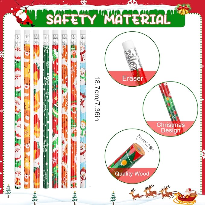 SULOLI Christmas Pencils with Eraser, 48pcs Xmas Themed Pencil with Santa Claus, Elk, Christmas Tree and Snowflake for Kids Children Christmas Party Supplies(8 Styles)