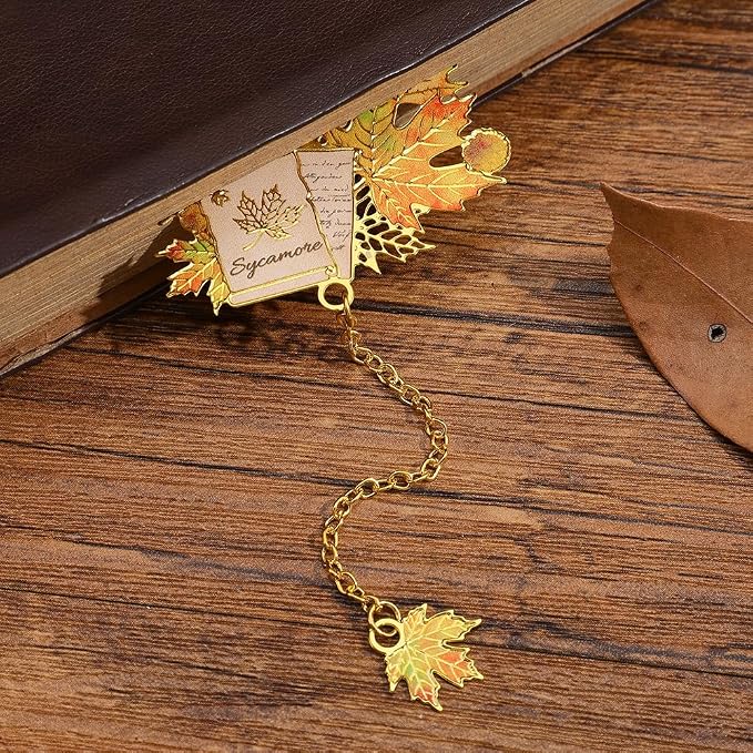 icceemee 2PCS Maple Leaf Theme Bookmark, Cute Bookmark for Women with Hollow-Out Square & Irregular Design, Natural Tassel Book Marks Set in Gift Box, for Book Lovers
